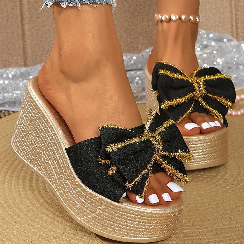 Fashion Street Bow Knot Chunky Platform Slippers Women Fashion Round Toe High Heel Sandals Woman Plus Size Wear-Resistant Slides Mujer