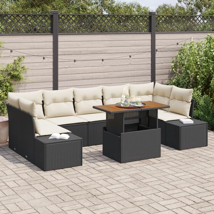 VidaXL Ensemble de salle à manger de jardin de 8 pièces avec coussins en poly rotin noir et acacia 3349928