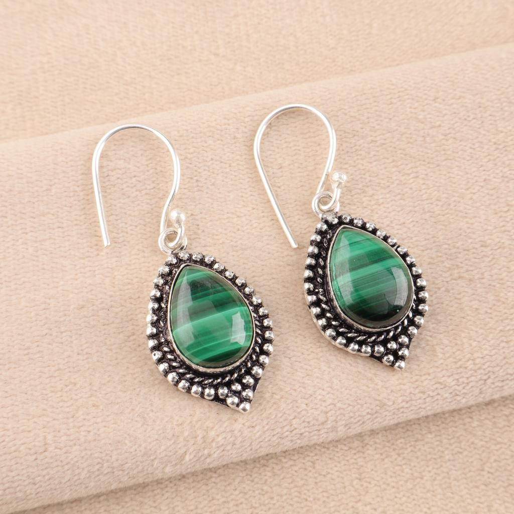 Malachite Gemstone 925 Sterling Silver Handmade Jewelry Earrings 1.6" For Her EE-164-25