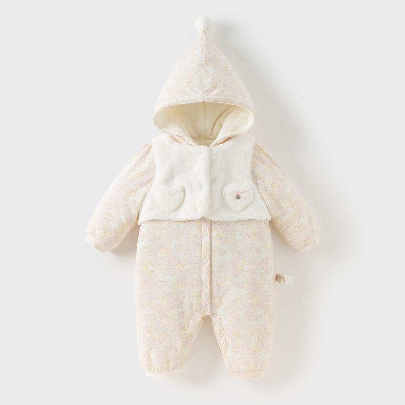 David Bella Newborn Knitted Quilted Romper 2026 Winter New Style Baby Girl Hooded Fake Two-Piece Jumpsuit Flower Print [Ready in Stock] 80