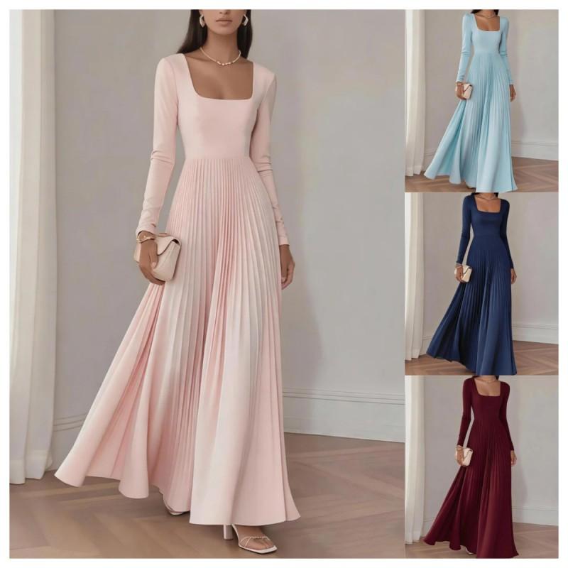 Elegant Square Neck Long Sleeve Waist-Cinched Pleated Maxi Dress Women 2026 Fall Formal Occasion