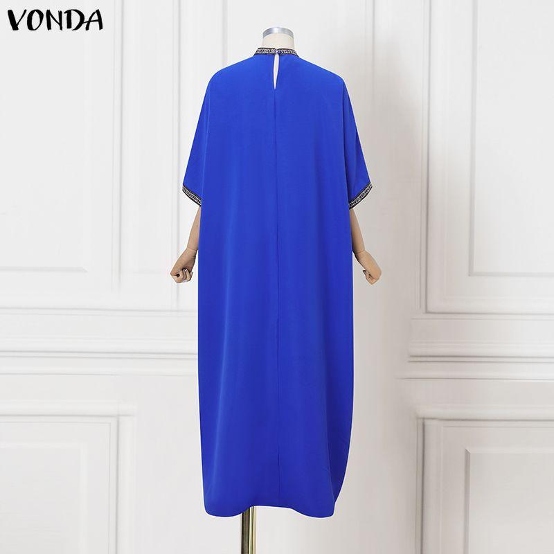 VONDA Women Casual Round Neck 3/4 Sleeve Splicing Casual Baggy Long Maxi Swing Dress