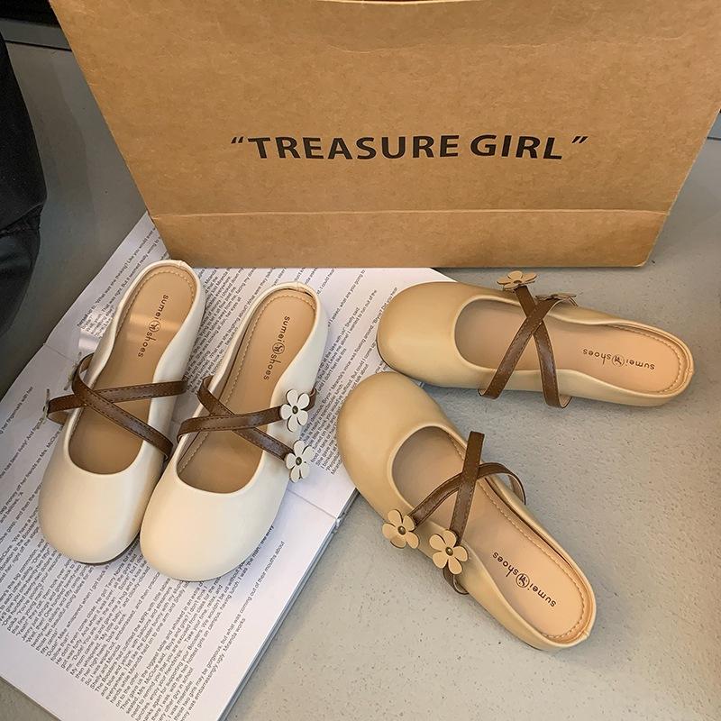 French Flat-bottomed Flower Bag Head Half Slippers Women's Outer Wear 2025 Summer Fairy Style with Skirt Mary Jane Sandals