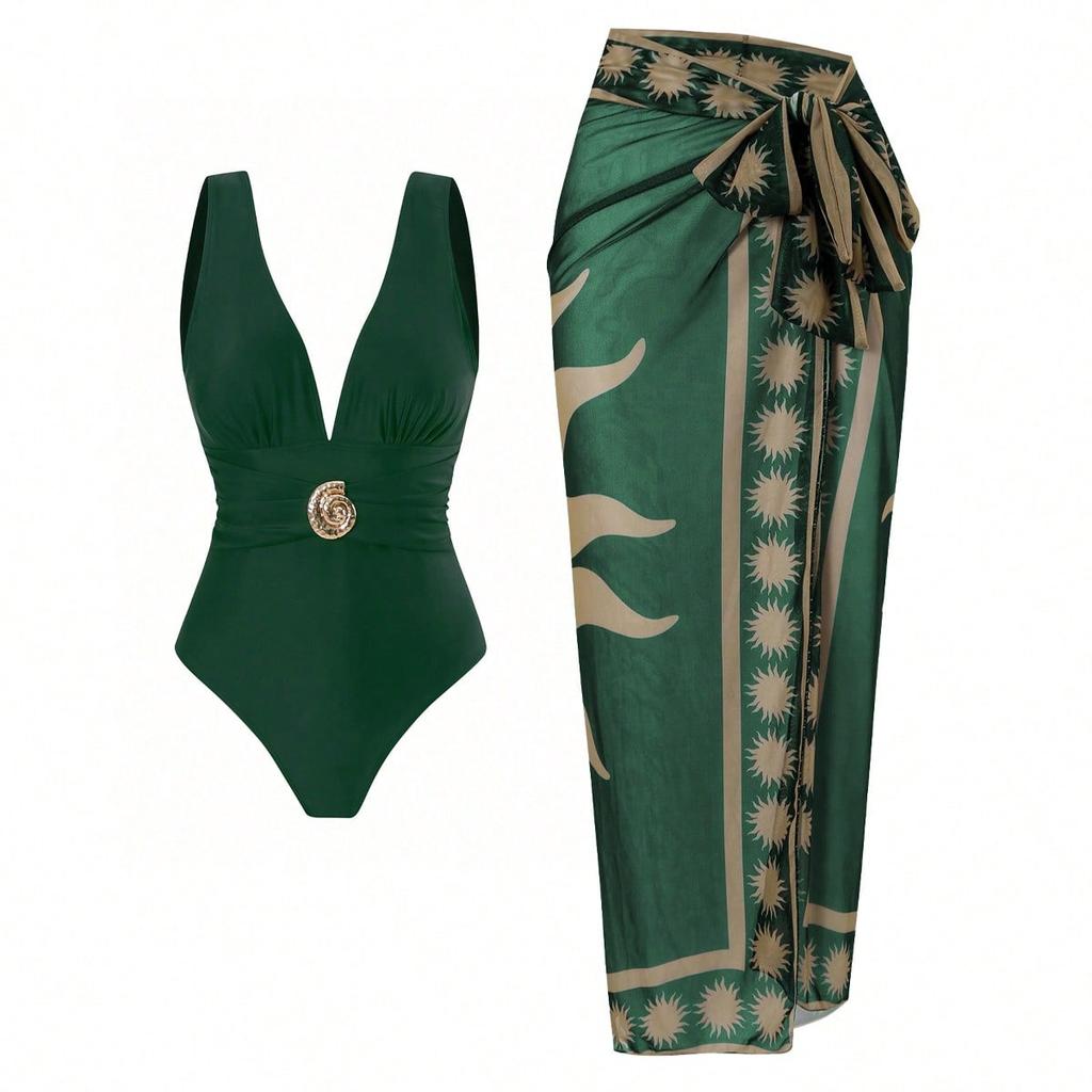 Deep Brown One-Piece Swimsuit with Sheer Wrap Skirt, V-Neck, Bow Detail