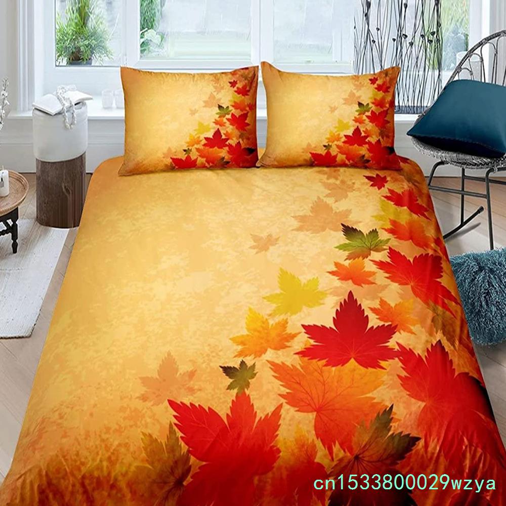 Maple Leaves Polyester Duvet Cover Set Fall Theme Comforter Cover With Pillowcase King Queen Size For Kids Boys Girl Bedding Set