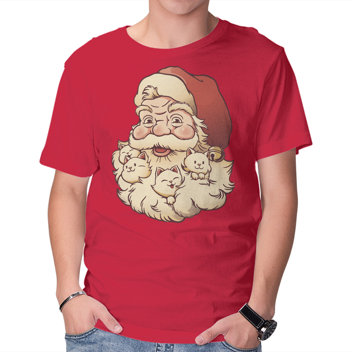 Unisex Crew Neck T-Shirt Santa Beard Full Of Cats Graphic Short Sleeve Casual Tee XXXXL