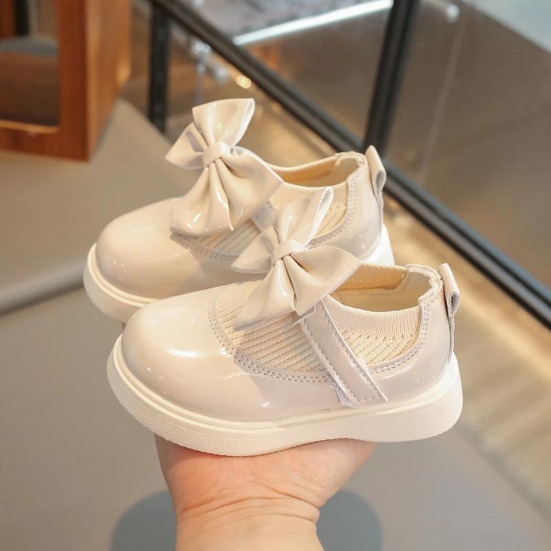Fashion New Girls Knitted Shoes with Bow-knot Stretch Fabric Princess Kids Flats for School Little Children Loafers Hook & Loop Princess