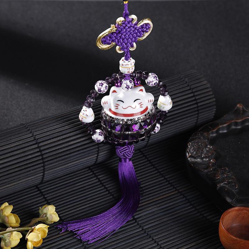 Diamond Studded Lucky Cat Car Pendant Crystal Ceramic Chinese Knot Car Rearview Mirror Suspension Decoration Car Accessories