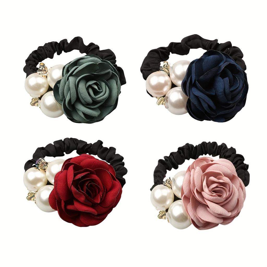 Korean Style Fashion Large Pearl Rose Flower Hair Ring Handmade Camellia Hair Tie Headband Hair Ornament