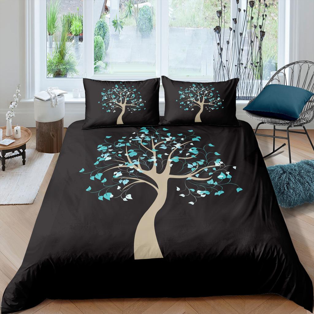 Tree Of Life Duvet Cover Set Blue Tree With Black Background 3D Print Comforter Cover For Kids Boys Girls Polyester Bedding Set