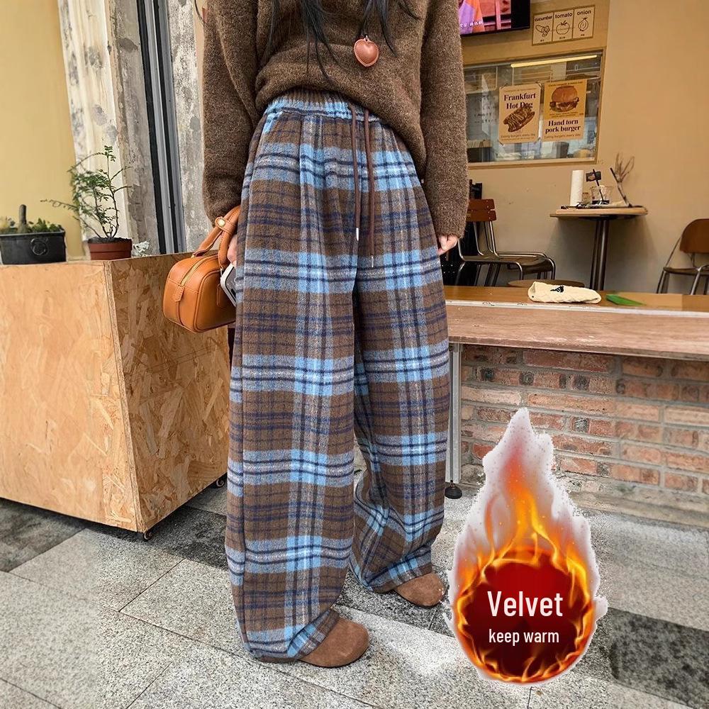 

Women s Blue Wool Plaid Wide-Leg Trousers - Retro Casual, Autumn/Winter 2024, Plus Velvet, Loose Straight Fit. M [Up to 105 pounds]