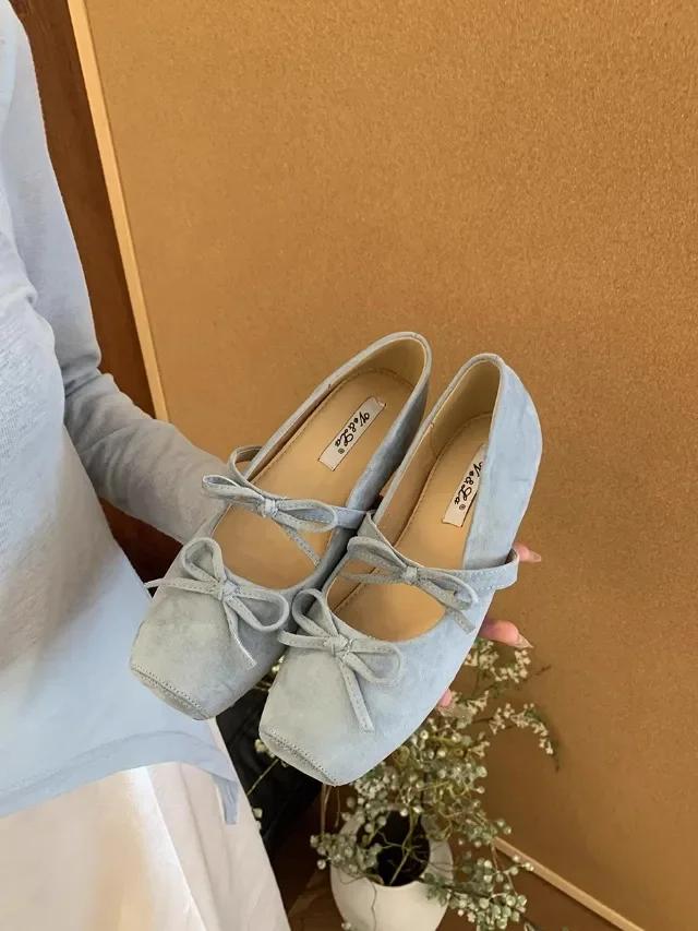 Women's Mary Jane Shoes Square Toe Bow Flannel Shallow Mouth Shoes Women Dress Increase Internal Height 2025 Zapatillas De Mujer