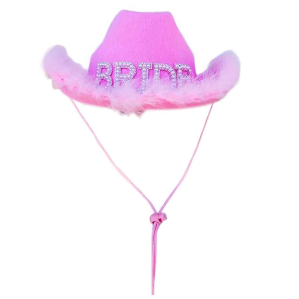 Vacation Cowboy Hat "BRIDE" Panama Hat Feather Rhinestones Hand Beading Pearls for Carnivals Music Festival