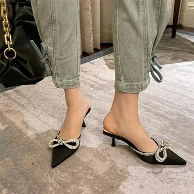 Women Fashion High Heel Slippers Rhinestone Woman Pump Crystal Bowknot Ankle Strap Ladies Prom Shoes Women High Heel Party Shoes
