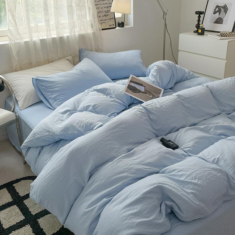Bed Sheet Quilt Cover Nude Sleeping Pure Cotton Four-piece Set Washed Cotton Soft Bed Sheet Quilt Cover Solid Color Bedding