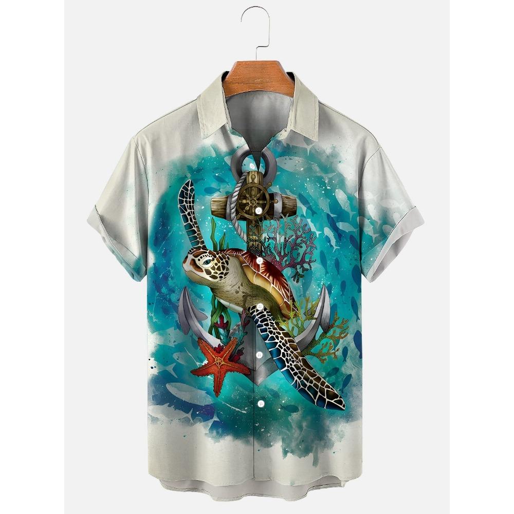Modische Sommerhemden mit Schildkrötenprint Hawaiianische Knöpfe Herren Strand Kurzarm Lässig Revers