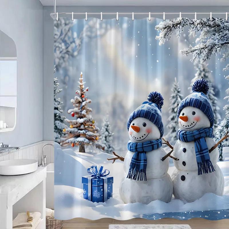 

Cute Blue Snowman Christmas Shower Curtains Xmas Gift Winter Forest Cedar Nature Scenery Home Bathroom Decor Bath Curtain Set 90x180cm-35x70in