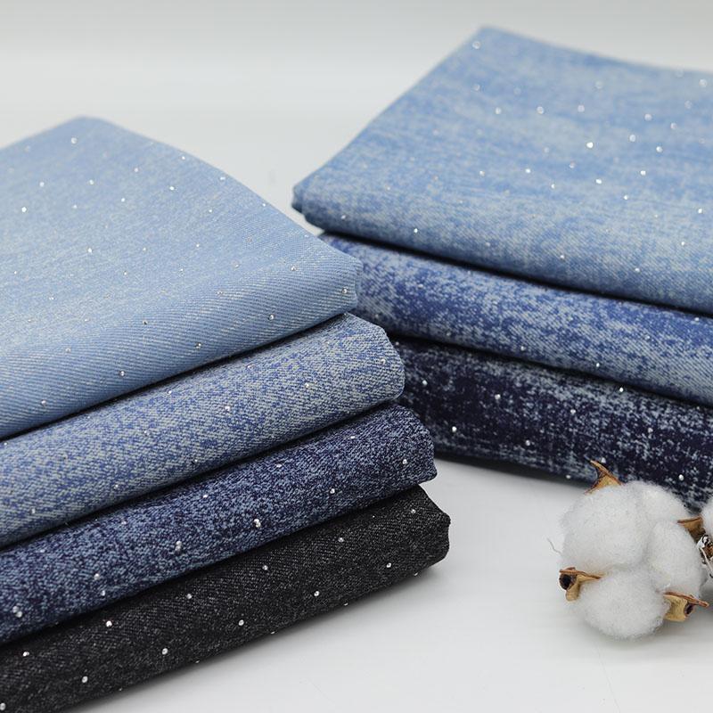 Washing Denim Fabric with Shiny Diamonds Thick By The Meter for Dress Bags Jeans Diy Sewing High Grade Cloth Soft Black Blue