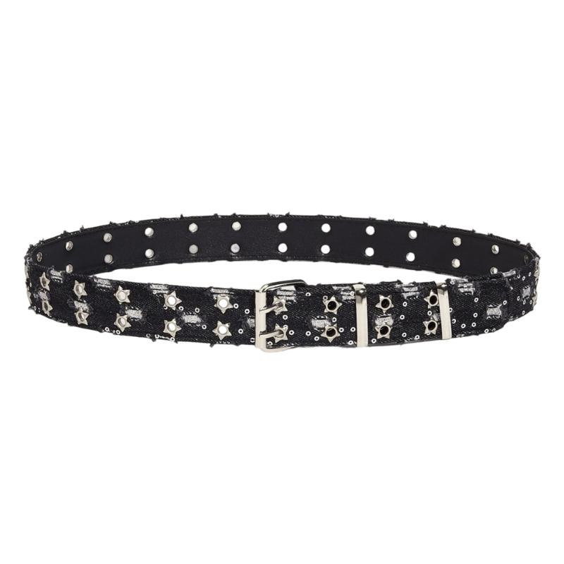 

Adjustable Length Belt Decorative Waist Cincher with Star Accent and Double Row Buckle Design for Trendy Punk Fashion чёрный