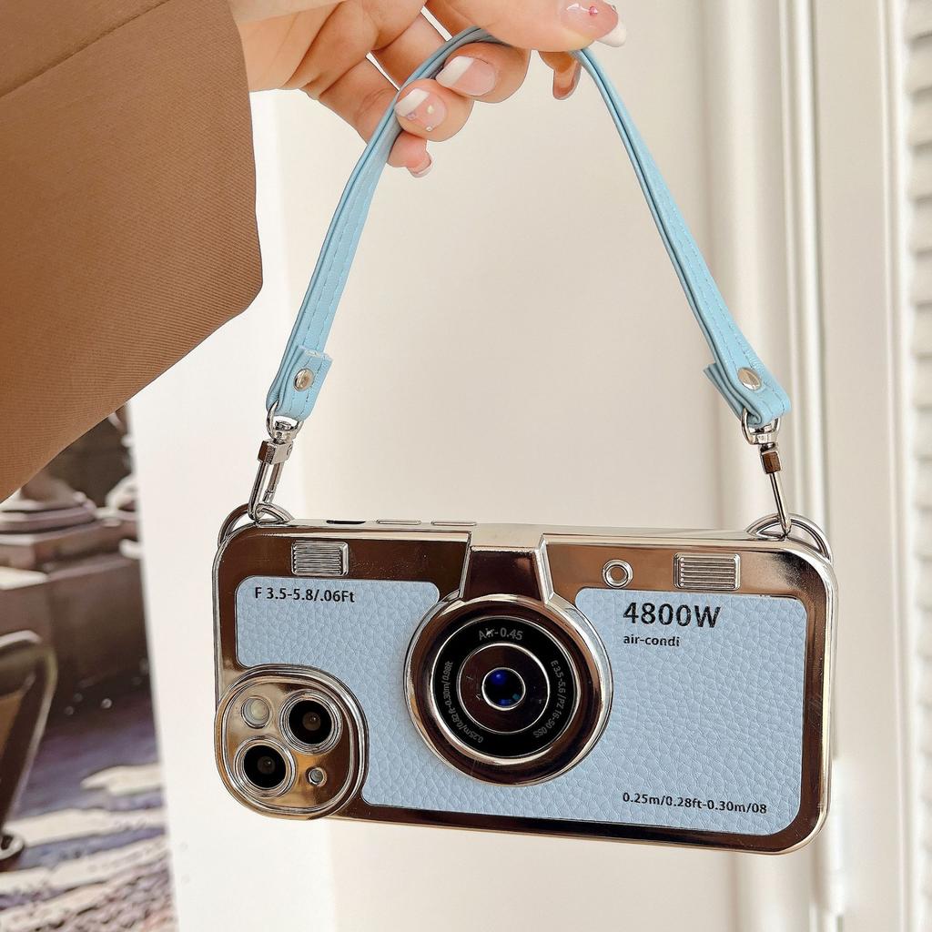 Retro electroplated camera for iPhone16Pro max mobile phone case Apple 15 new 14/13 leather pattern portable