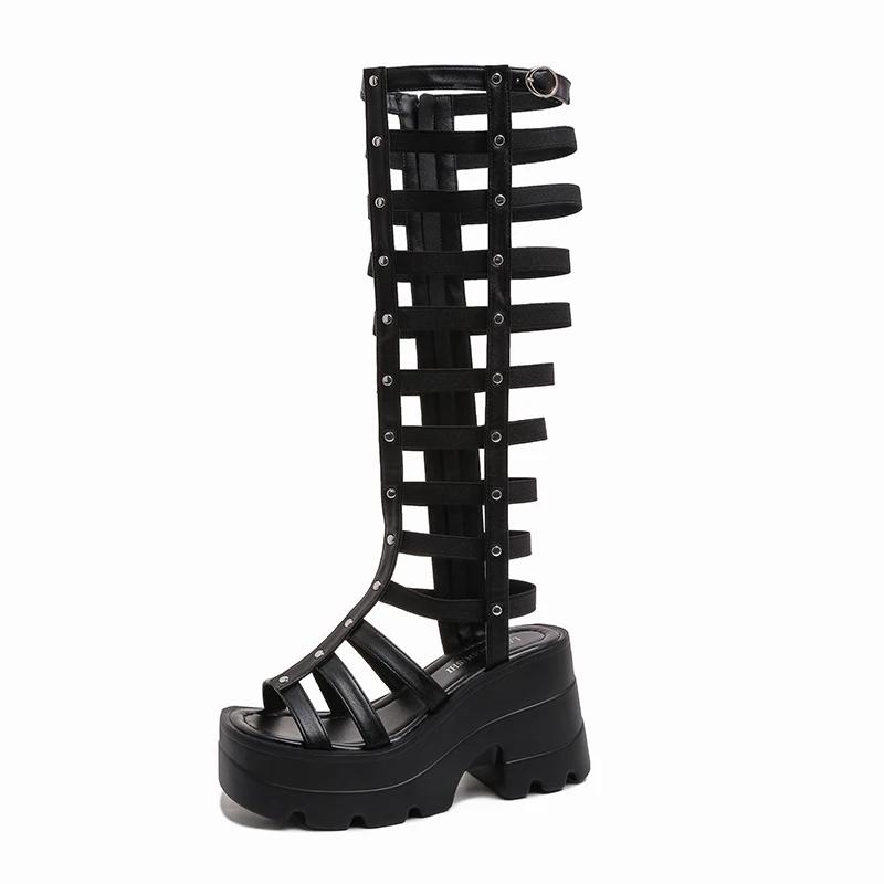 Fashion 10CM Women's Summer Boots Women Shoes Fashion Cutout High Top Sandals Breathable Striped Roman Shoes Platform Boots Thigh High