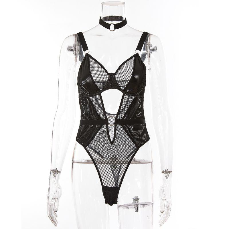 

Fashion Style Women s Clothing 2024 New Arrival Stylish Sexy Mesh Patchwork Hollow Sexy Open Back Inner Suspender Jumpsuit Black S