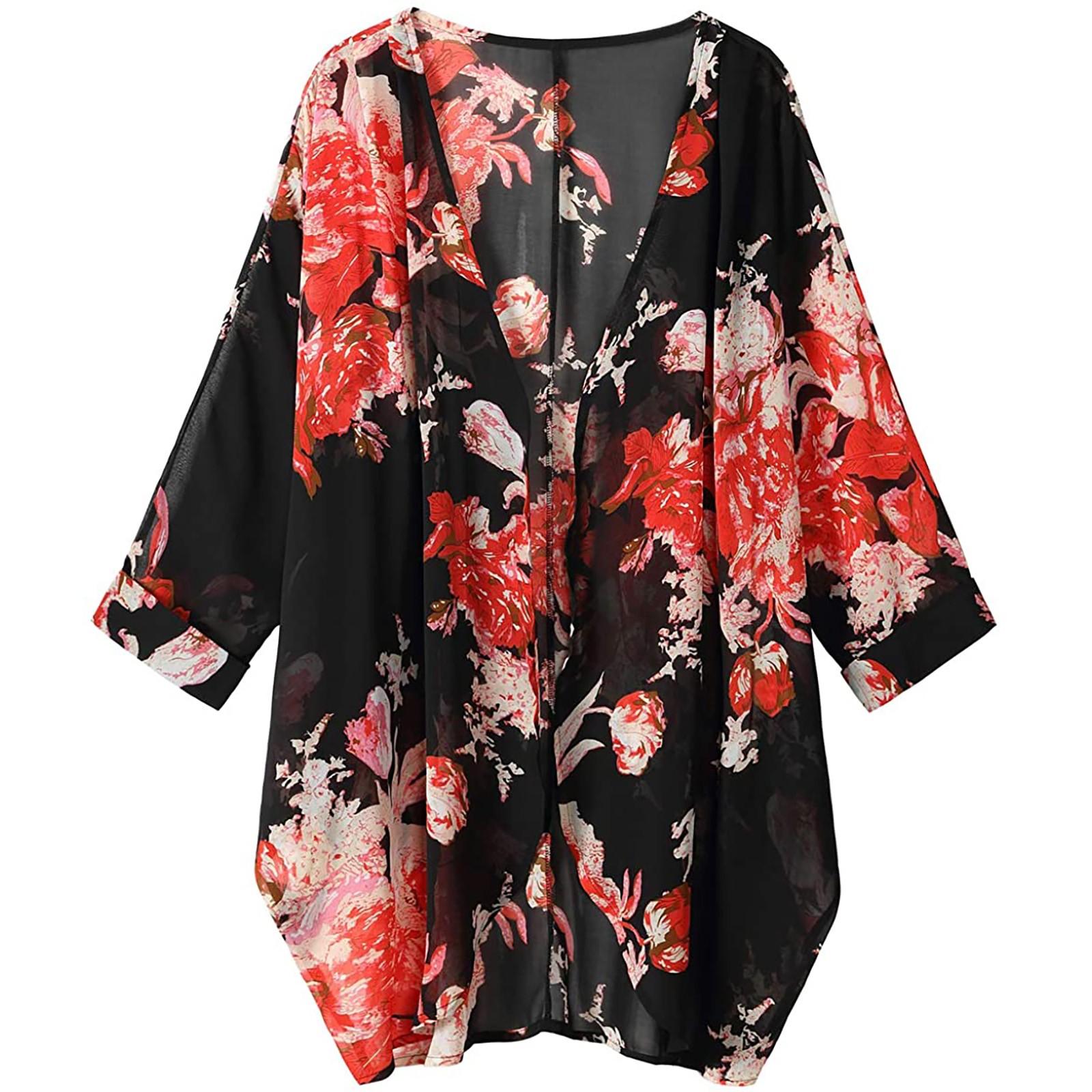 

Женский прозрачный шифоновый свободный кардиган-кимоно с цветочным принтом, накидки, солнце XXL чёрный