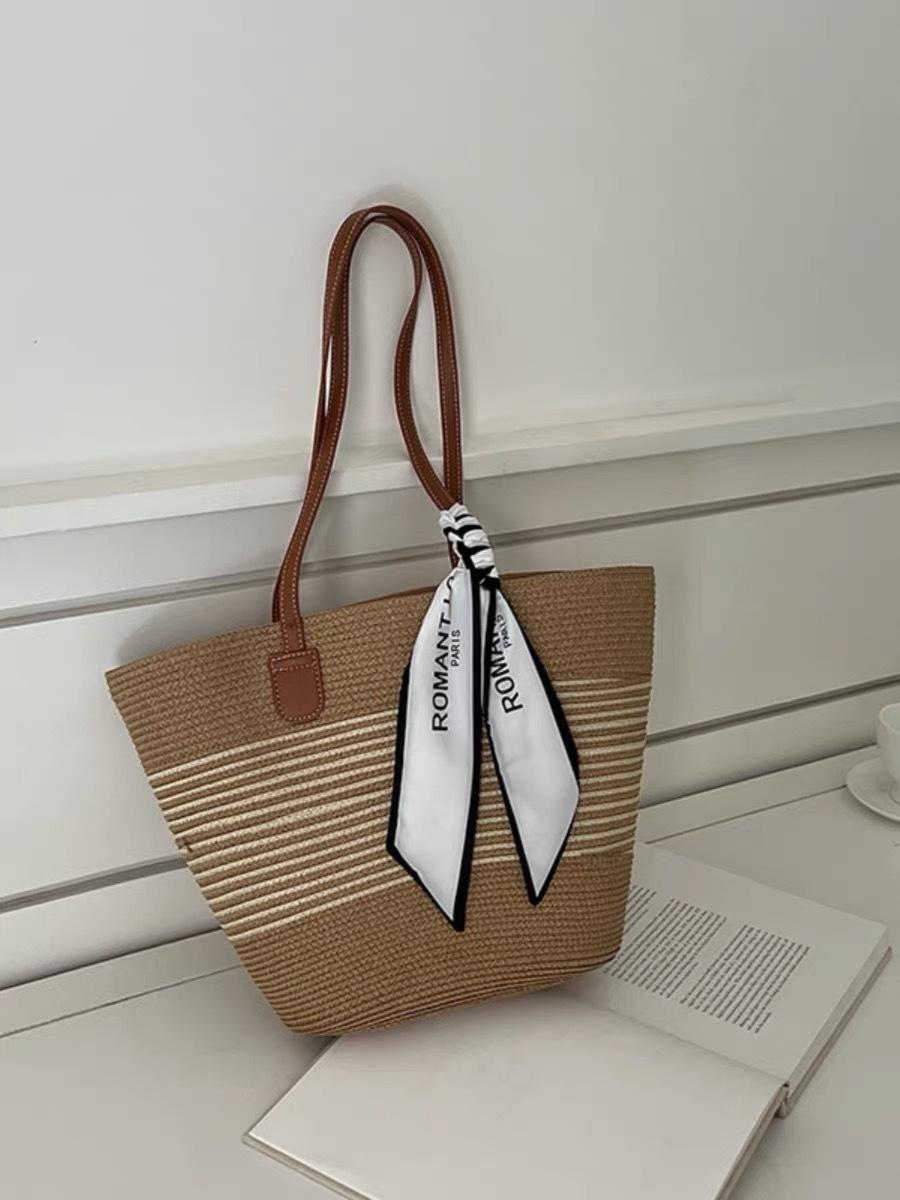 

Белая полосатая большая вместительная сумка 2024 года, новая соломенная сумка-тоут, пляжная сумка