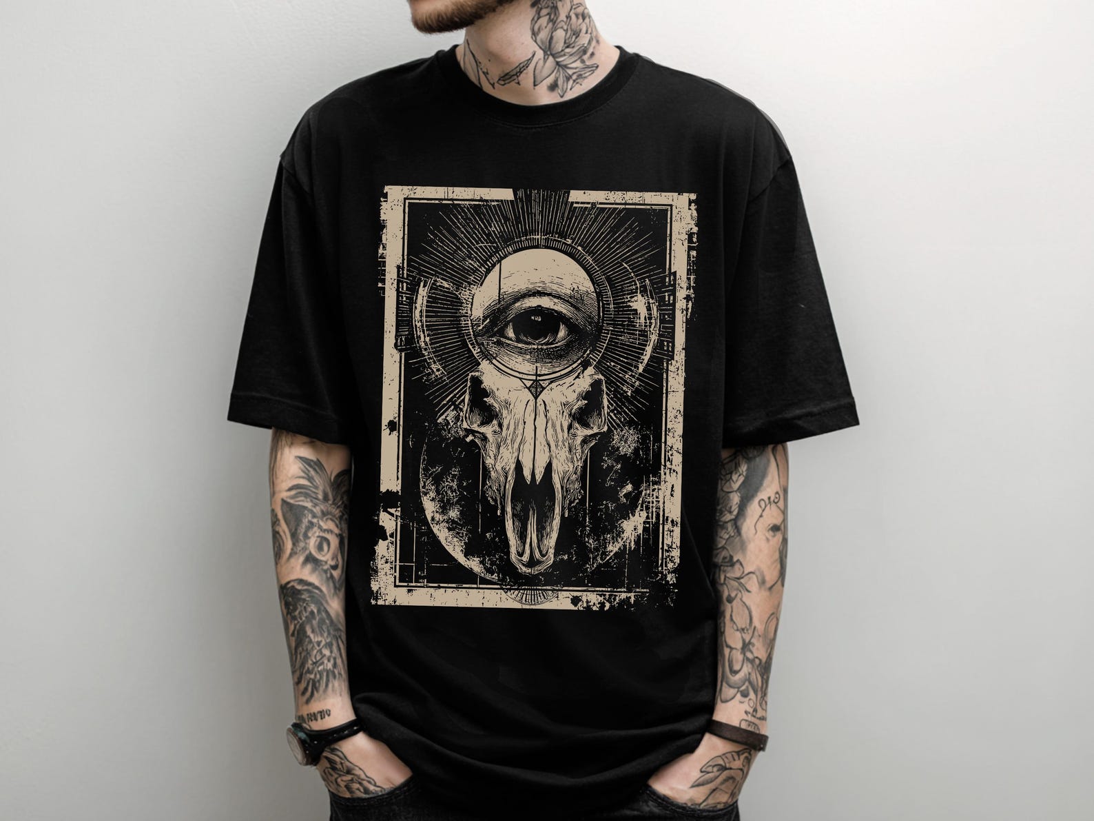 Unisex Third Eye Bull Skull Psychedelic Gothic T-Shirt, Occult Punk Grunge Graphic Shirt, Alternative Streetwear Clothing, Gift For Him Her XL