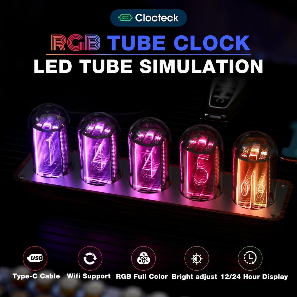 ClocTeck Nixie Tube Clock with Sync 16 Million Colors Retro Modern Wooden Digital Clock Wi-Fi & Customizable,