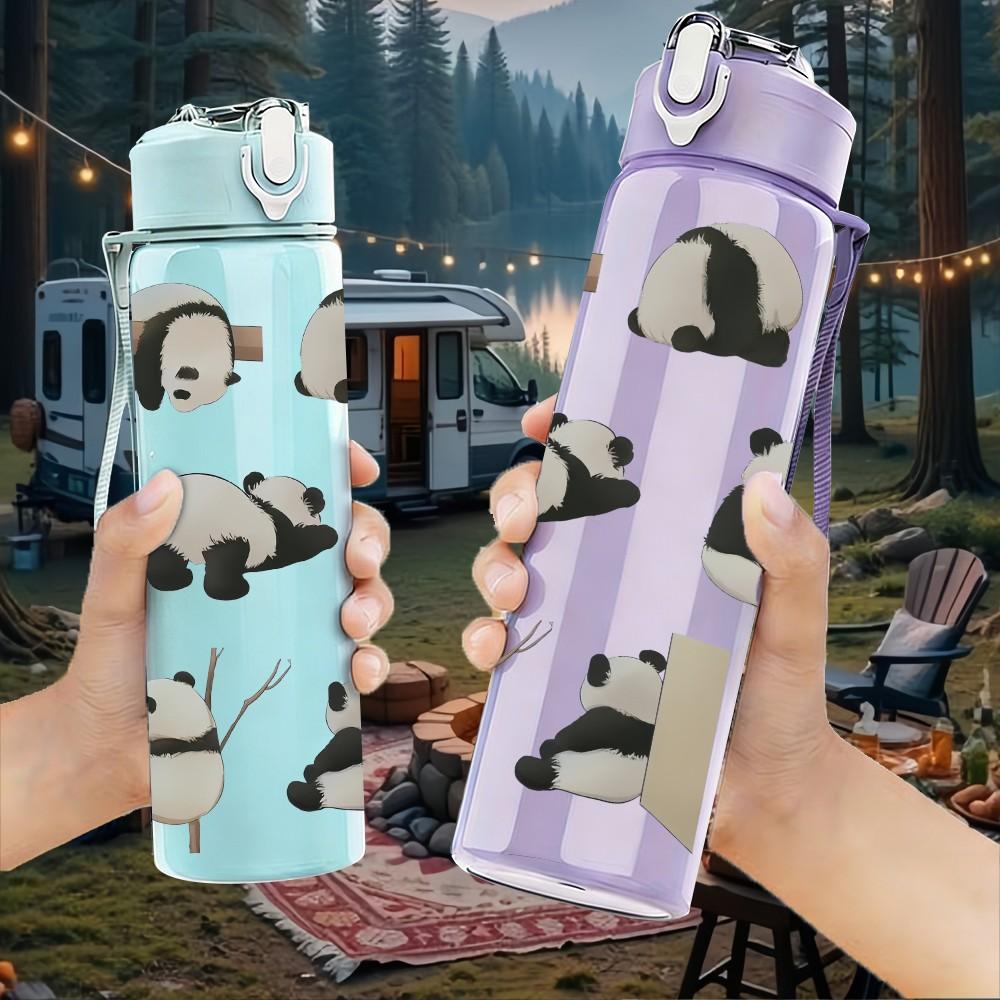 1PC Multiple Small Panda Group Pattern 750ml Color Plastic Sports Water Bottle Leakproof Flip Straw Lid Suitable for Sports Office Home Use