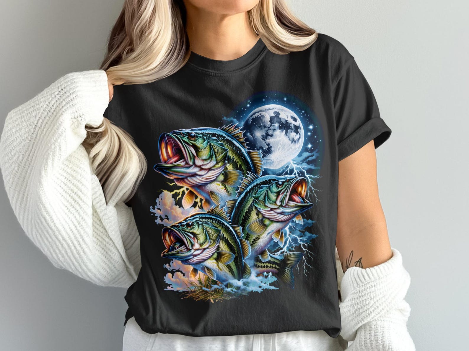 Three Largemouth Bass Fishing T-Shirt, Full Moon Lightning Night Bass Design, Dynamic Angler Tee, Fishing Enthusiast Gift, Jumper Fish Art 2XL