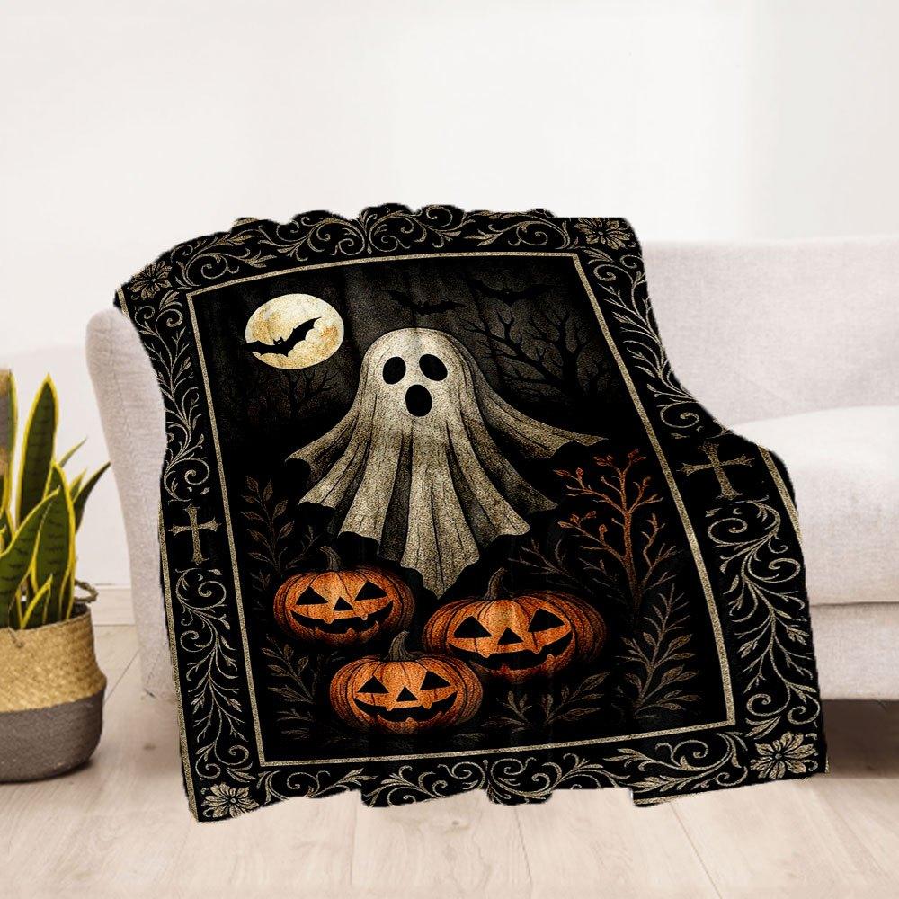 Halloween Ghost and Pumpkins Decorative RugBlanket Flannel Throw Blanket for Sofa, Bed, Travel, Camping, Office, Couch, Chair, And Bed Gift