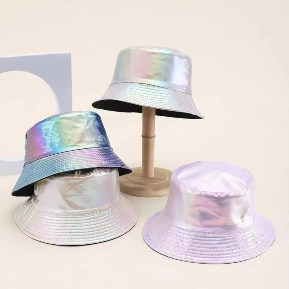 Wide Brim Laser Rainbow Fisherman Hat Single Sided Shiny Sun Cap Luminous Bucket Hat  Sunshade