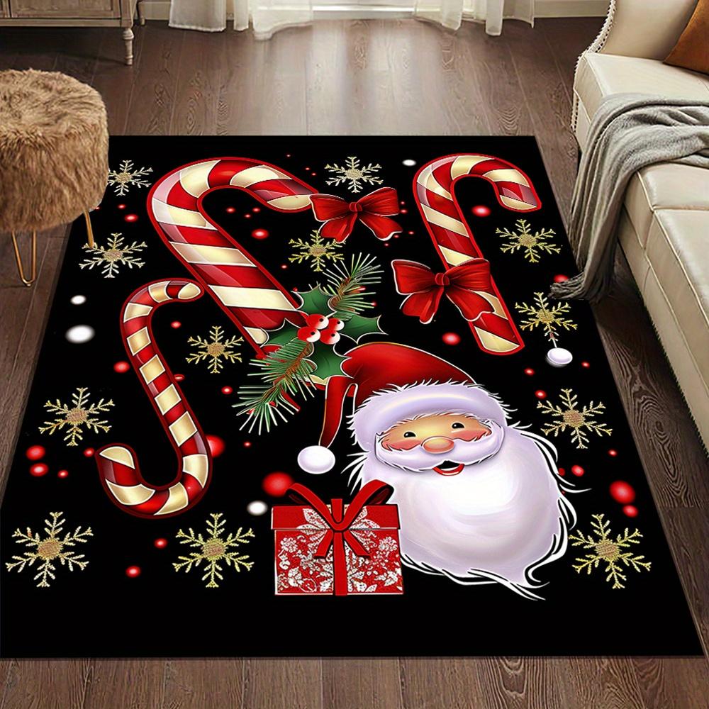 Santa and Candy Cane Polyester Area Rug Crystal Velvet Anti-Slip Carpet Mat for Living Room, Bedroom, Office - Large