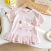 Girls Summer Short Sleeve T Shirt with Lace Trim Cute Cartoon Print and Bow