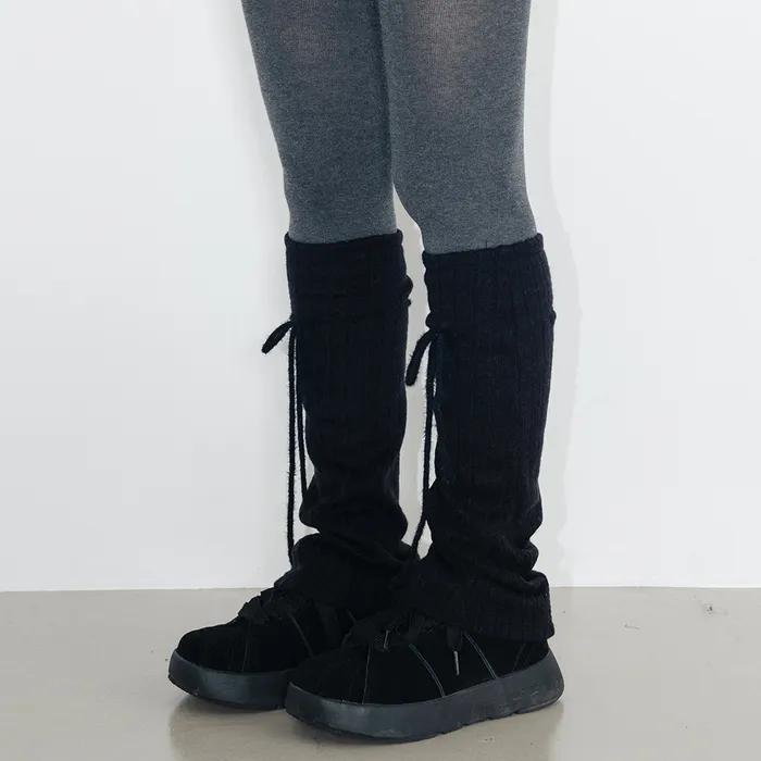 Ribbon Wool Ribbed Leg Warmers_Black