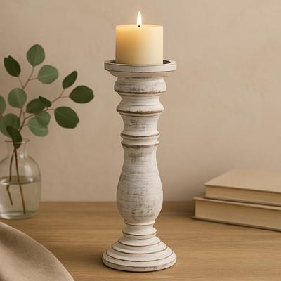 Candle Holder Mango Wood Distressed Whitewashed Tall 37x10cm