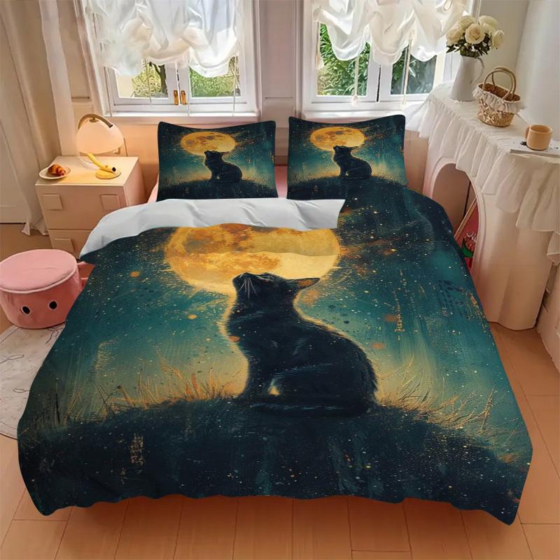 3pcs Anime Cat Moon Bedding Set - Includes One Quilt Cover and Two Pillowcases (No Core) - Polyester Fabric, Perfect for Bedroom and Guest R