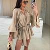 Spring Summer Ruffle Loose Mini Dress Casual Flare Sleeve Holiday Dresses Sexy Deep V Lace Up Solid Color Women's Dress Vestidos