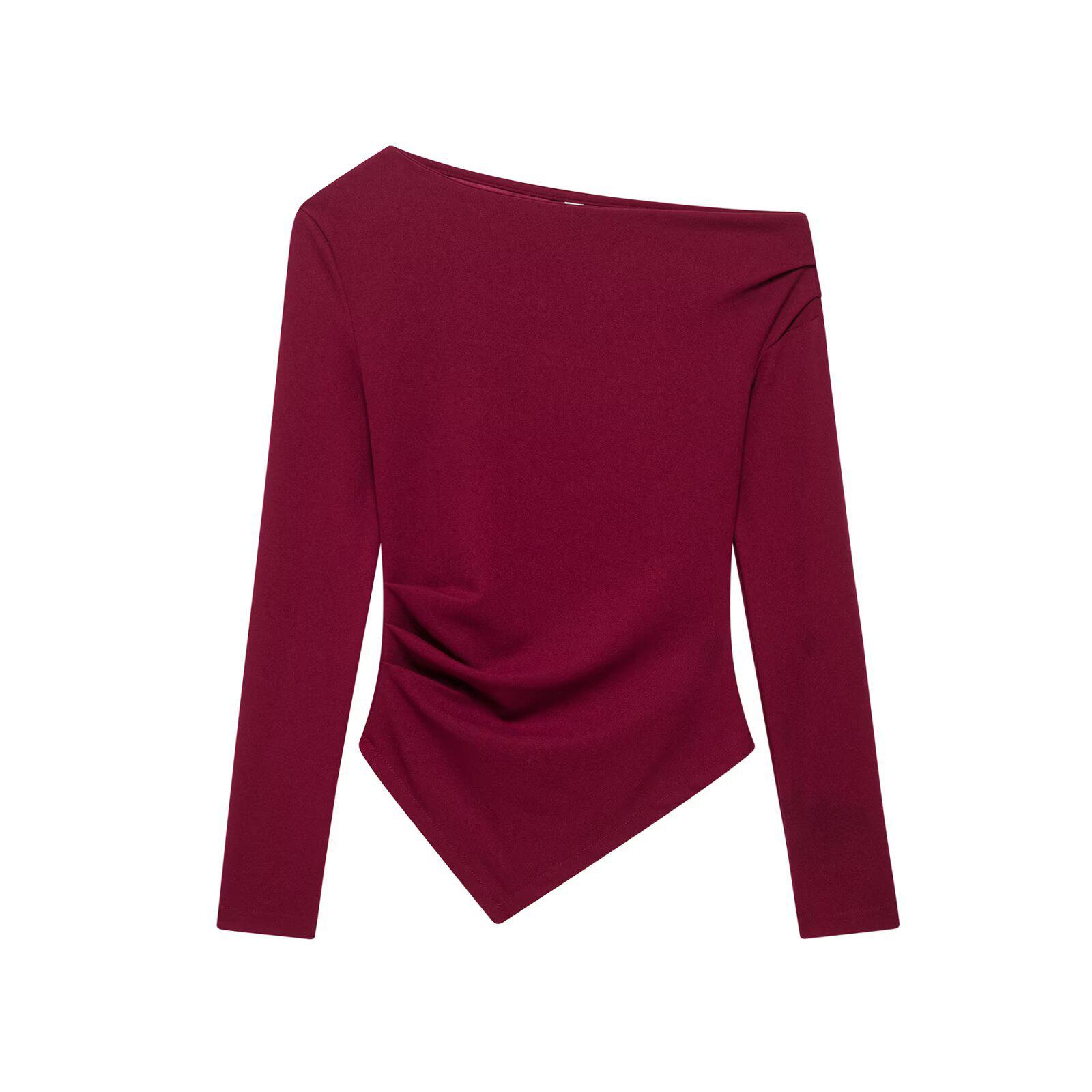 

Весна 2025 Женский облегающий топ с плиссировкой на одно плечо и длинным рукавом Small