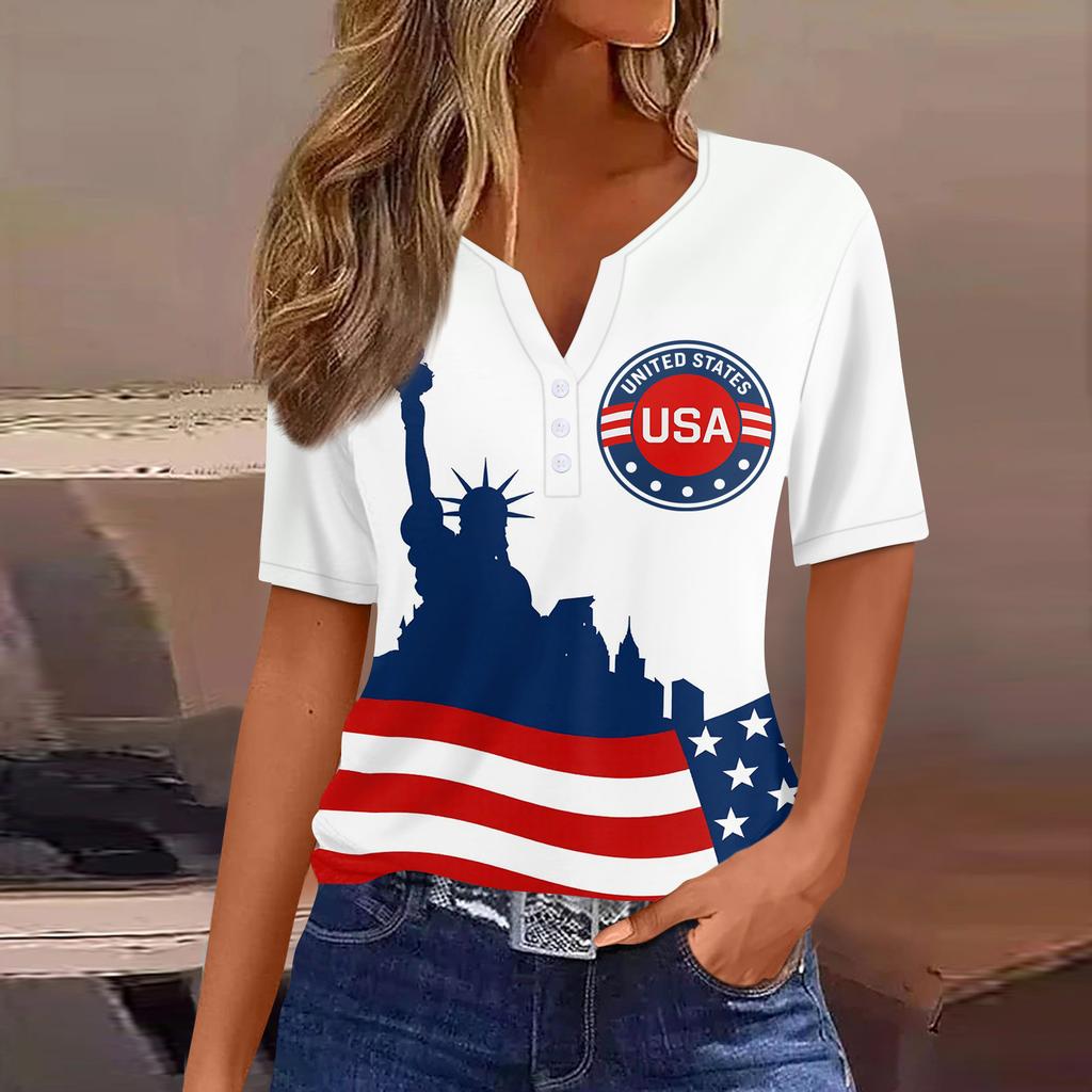 Damen-T-Shirt mit Aufdruck „Unabhängigkeitstag“ und Knopfleiste, kurzärmelig, für den Alltag und das Wochenende, modisch, Basic, V-Ausschnitt, normales Oberteil