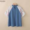 ZANZEA Women Casual Stand Collar Print Splice Half Sleeve Summer Blouse