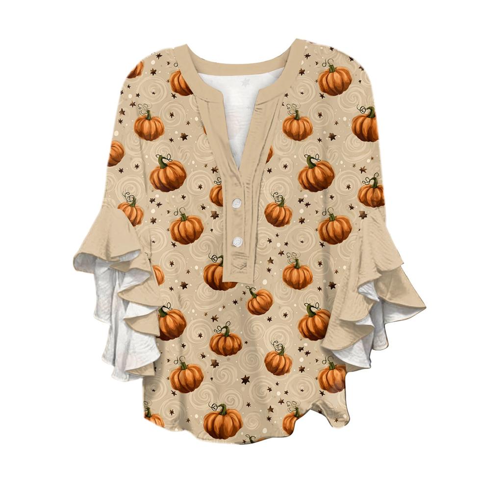 Women's V-neck Seven Quarter Sleeved Shirt Halloween Printed Top Casual Shirt