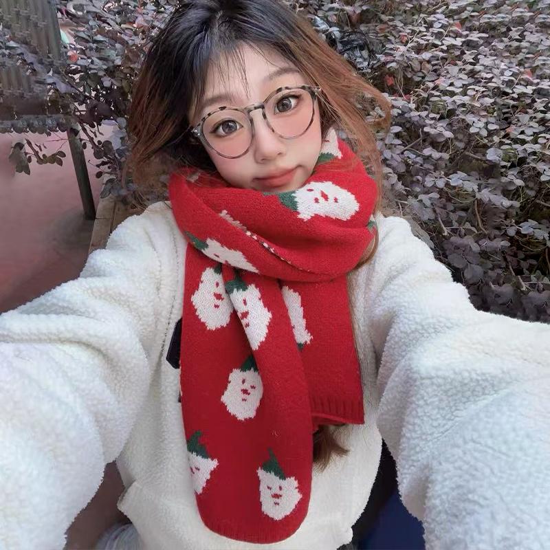 Red Christmas Scarf Women'S Winter Warm Couple High-End Knitted Wool Neck Scarf  Year Gift