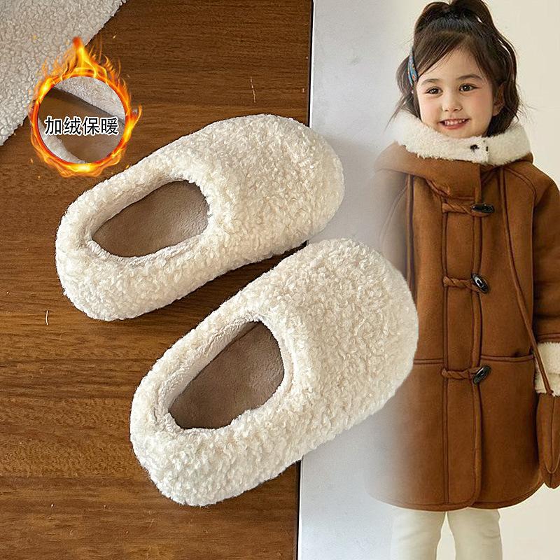 Children's plush cotton shoes with extra lining and thickness for winter, suitable for indoor and outdoor use, solid color, parent-child matching