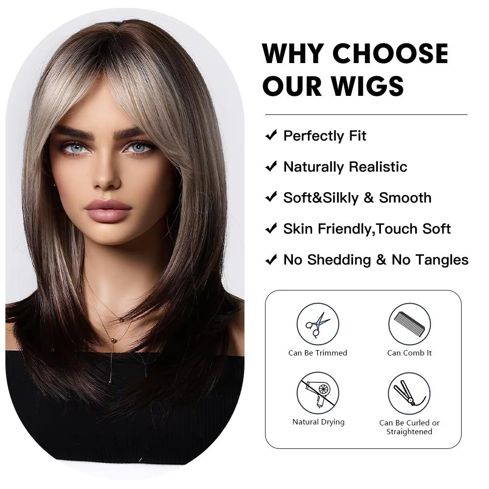 Platinum Ombre Synthetic Wigs for Women Long Wavy Silky Natural Hair Wig with Bangs Cosplay Party Heat Resistant Fake Hairs