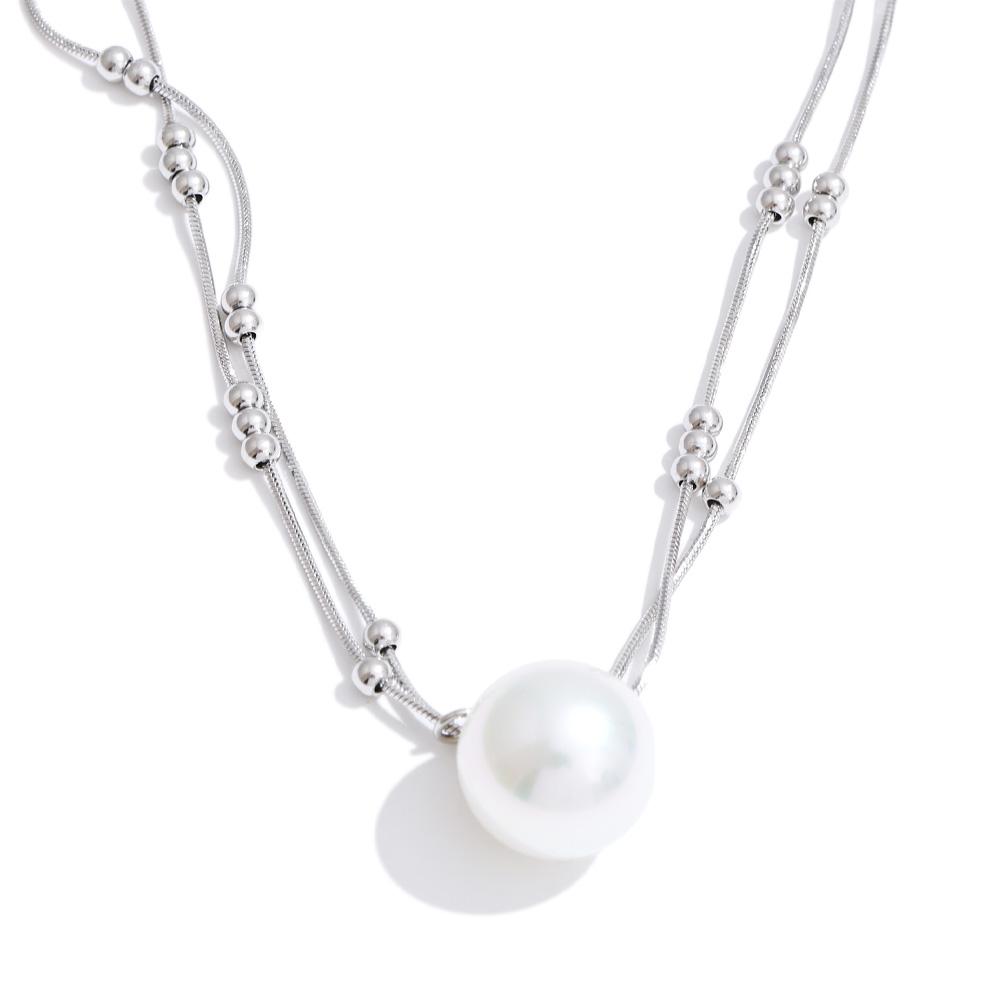 

Yhpup Double-Layer Chain Simulated Pearls Round Pendant Necklace Waterproof Stainless Steel Korean Fashion Daily Collar Jewelry