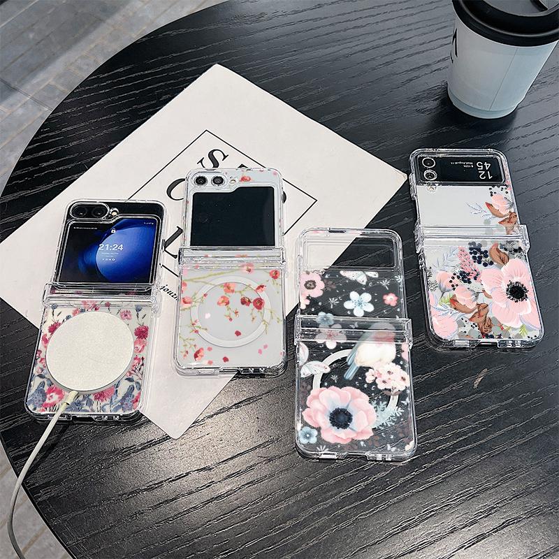 For Magsafe Magnetic 3PCS Case for Samsung Z Flip6 Flip5 Flip4 Shockproof Color Flower Pattern Transparent Pc Hard Slim Phone Case Cover