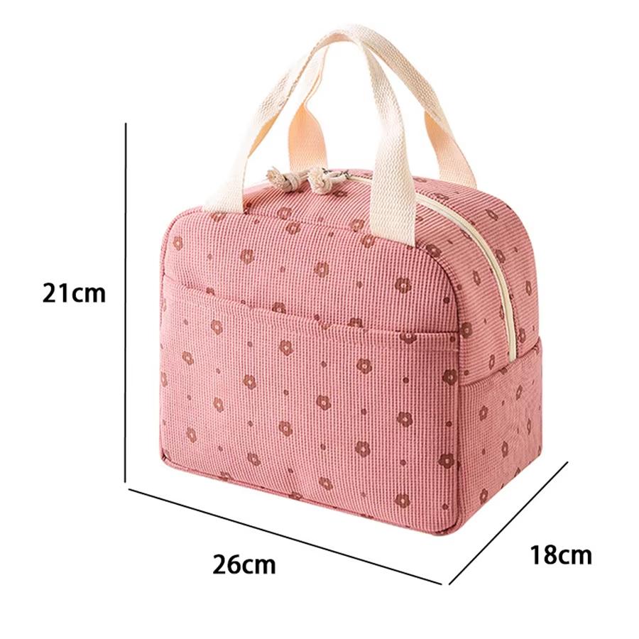 1pc Corduroy Insulation Lunch Bag Portable Hand-held Bento Bag Large Capacity Flower Strawberry Patterned Outdoor Picnic Bag